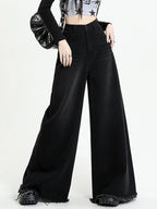 Versatile Black Raw Edge Wide Leg Boyfriend Jeans