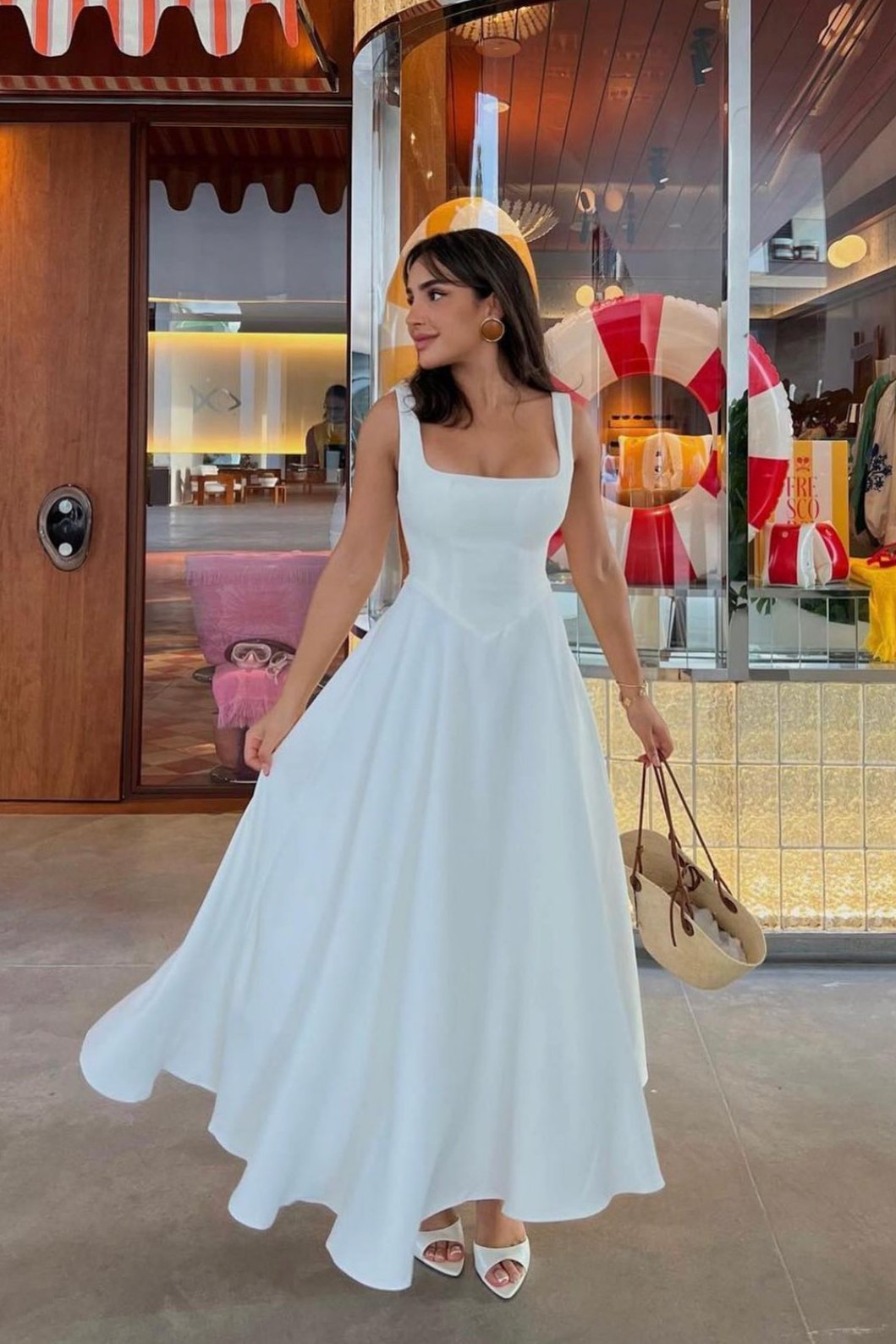 Square Neck Tank Strap Full Box Pleated Fit and Flare Midi Dress