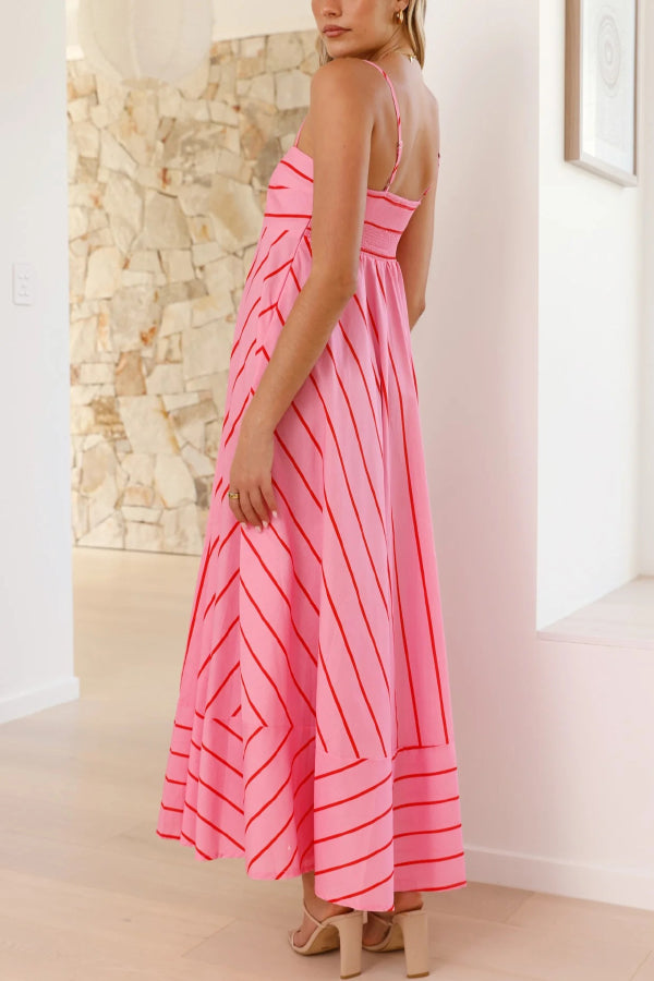Striped Printed Spaghetti Strap Sleeveless Back Pleated Casual Maxi Dress