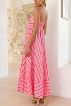 Striped Printed Spaghetti Strap Sleeveless Back Pleated Casual Maxi Dress
