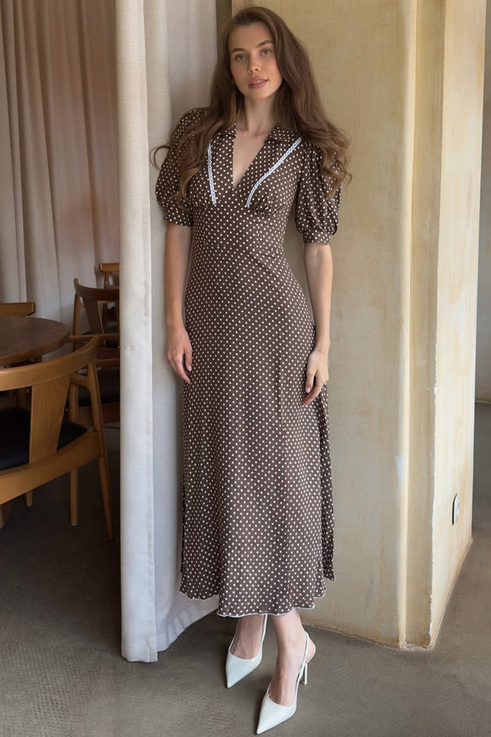 Polka Dot V-Neck Lace Trim Puff Sleeve Midi Dress