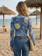 Starry Night Art Print Mock Neck Lettuce Trim Mesh Slim Top For Women 2026