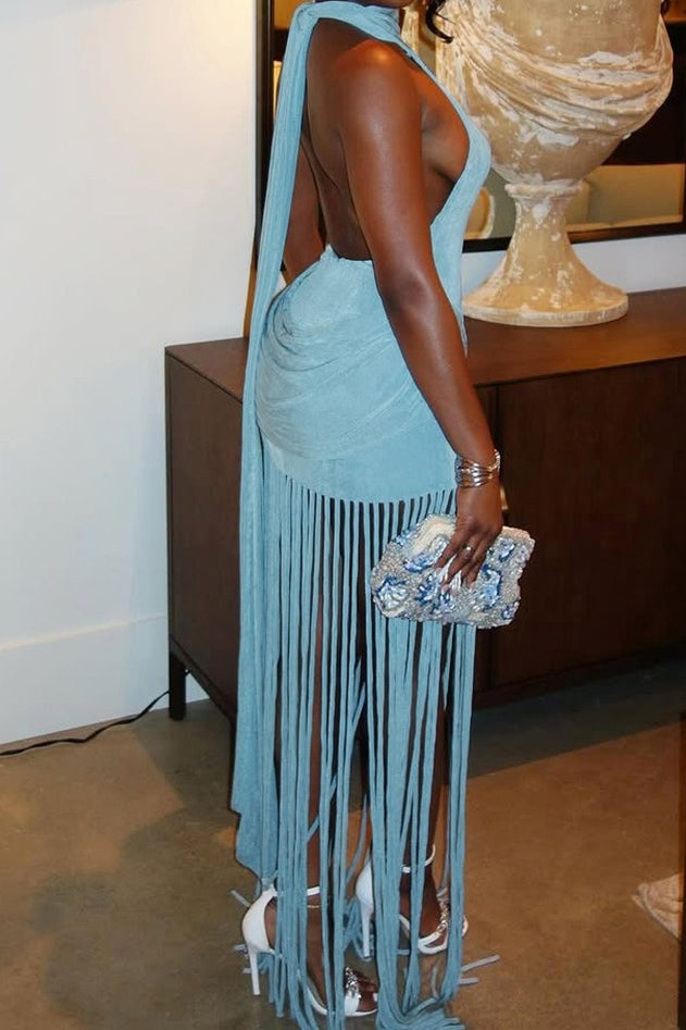 Halter Neck Draped Fringe Hem Maxi Dress
