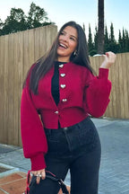 Knit O-Neck Heart Button Sweater