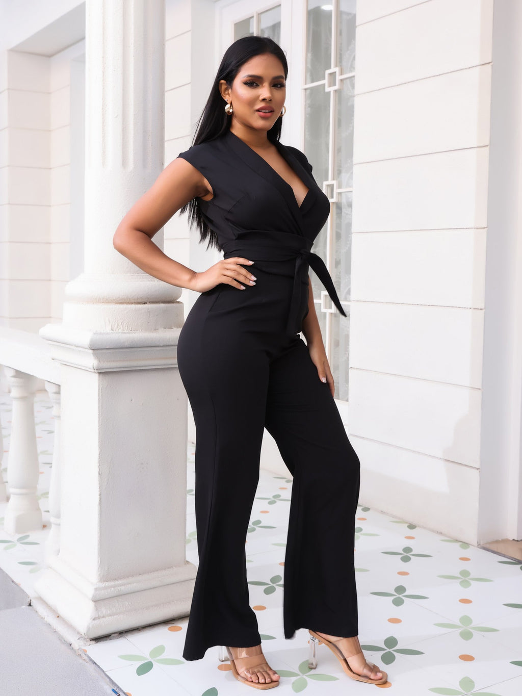Lace up slim waist jumpsuit