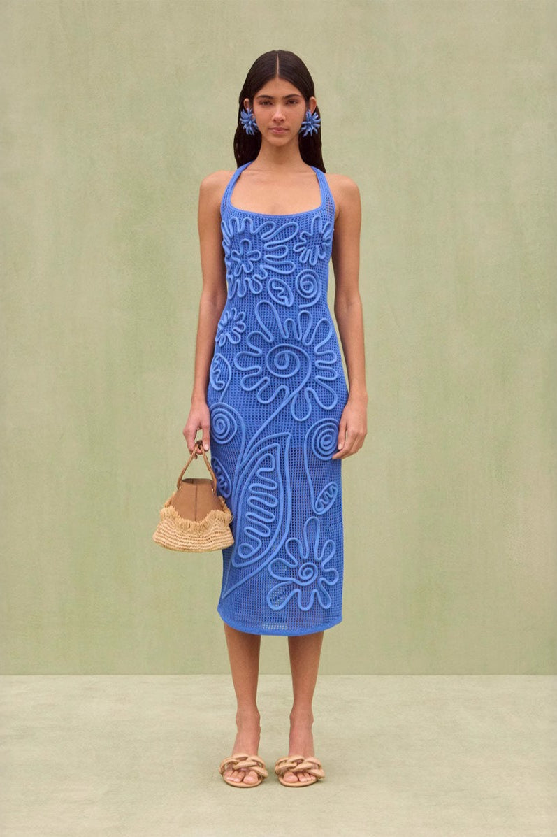 Cord Floral Applique Halter Neck Open Knit Bodycon Midi Dress