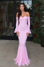 Sequin Off Shoulder Sweetheart Long Bell Sleeve Mermaid Formal Gown