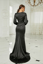 Sexy Elegant Long Sleeve Satin Crew Neck Split Formal Dress