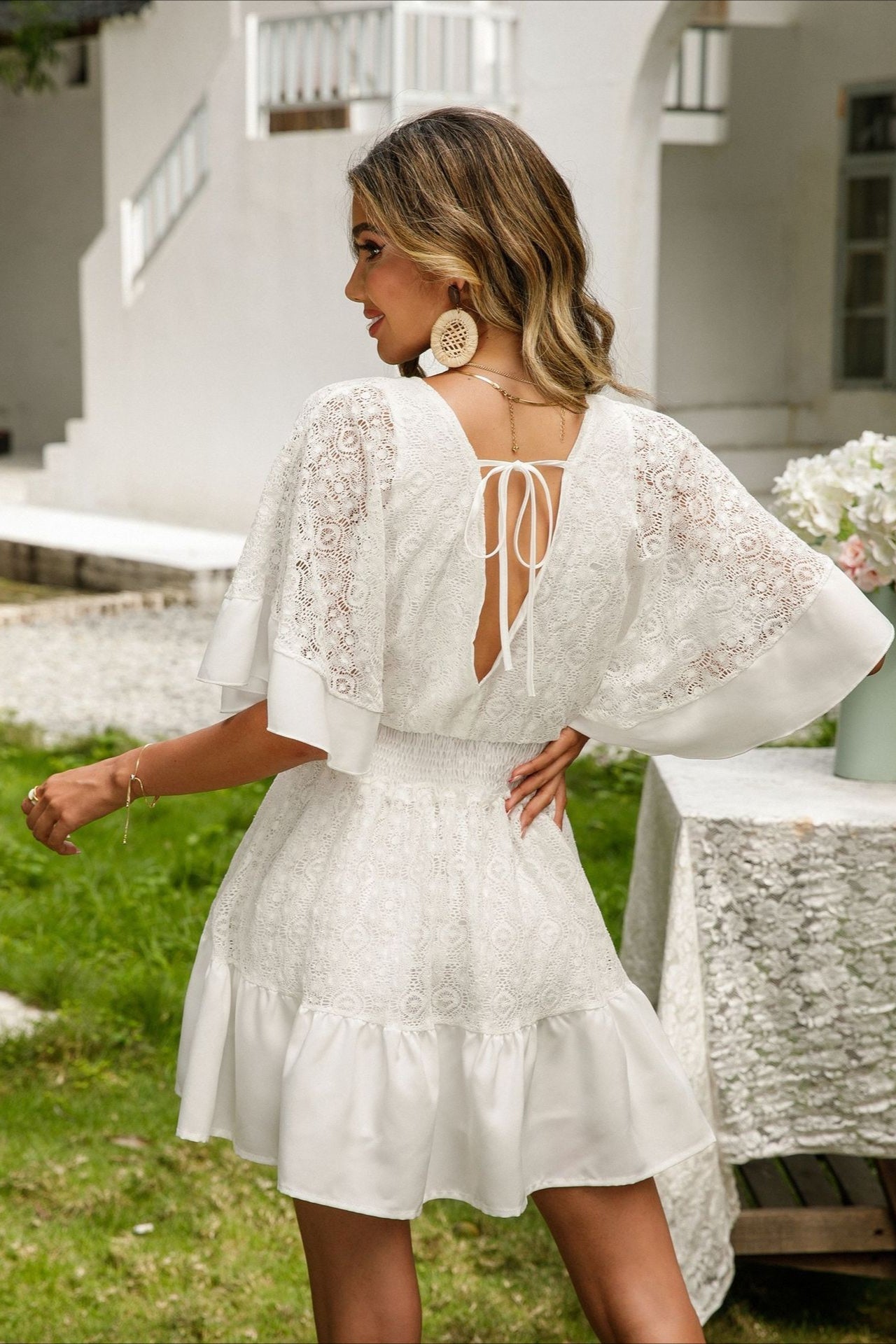 Deep V Neck Smocked Waist Lace Flutter Sleeve Button Front Tiered Mini Dress