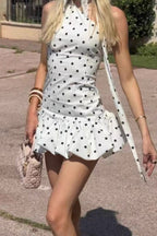 White One Shoulder Choker Neck Polka Dot Bubble Hem Mini Dress