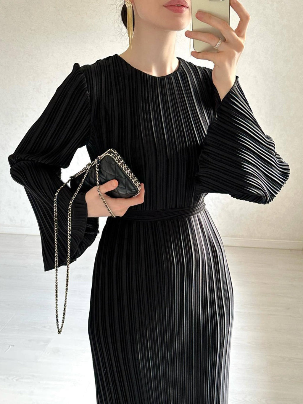 Micro Pleated Crew Neck Tie Belt Bell Sleeve Maxi Dress