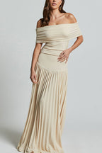 Off Shoulder Dropped Waist Accordion Pleated Maxi Dress