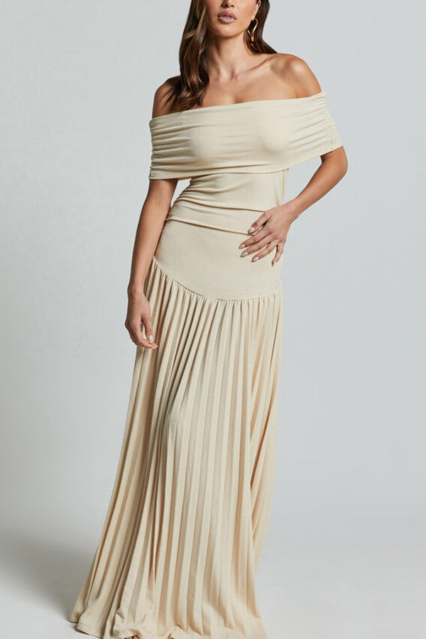 Off Shoulder Dropped Waist Accordion Pleated Maxi Dress