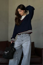 Casual Striped Color Block V-Neck Loose Knit Sweater