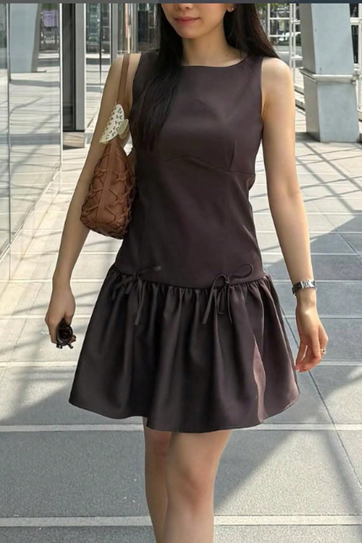 Boat Neck Sleeveless Dropped Waist Bow Detail Pleated Mini Dress