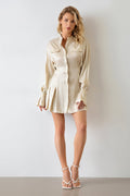 Satin Shirt Collar Button-Front Pleated Mini Dress
