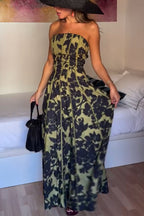 Elara Linen Blend Floral Print Princess Line Design Detachable Sleeves Maxi Dress