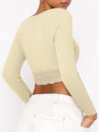 Solid Color Lace Hem Square Neck Crop Long Sleeve Knit
