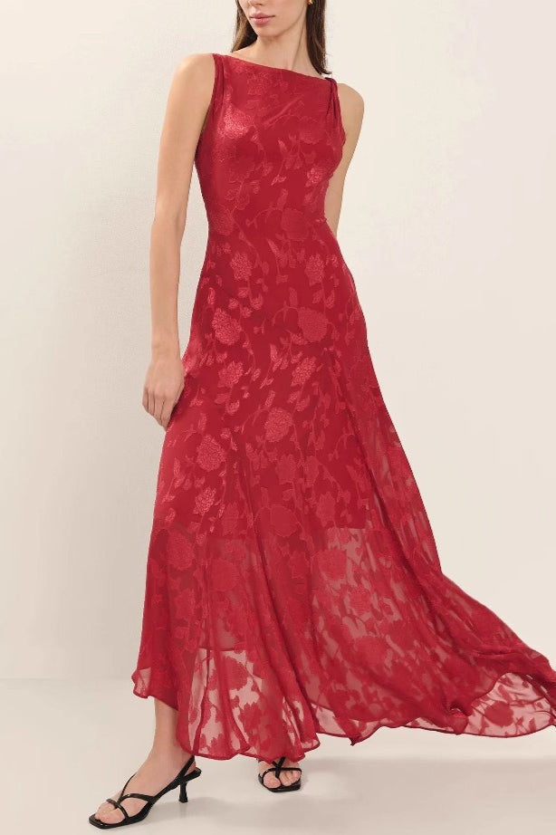 Boat Neck Floral Burnout Fit and Flare Maxi Dress