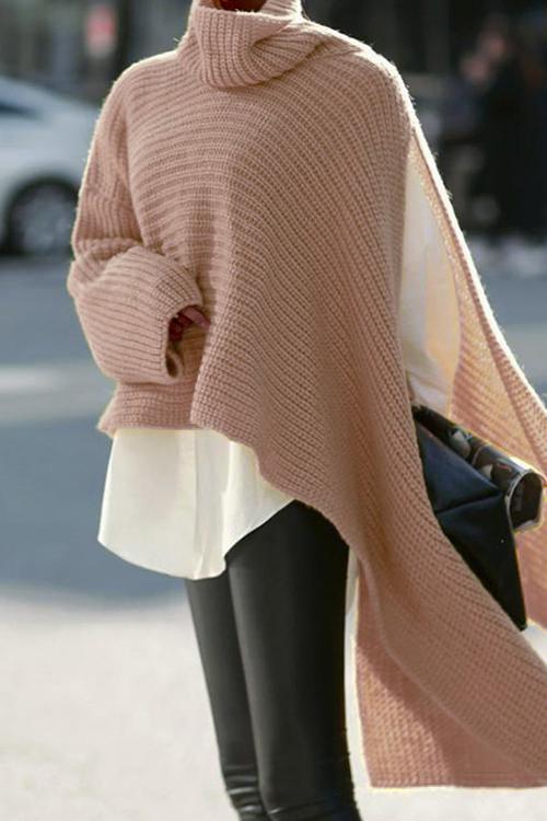 Turtleneck Asymmetric Slit Sleeve Ribbed Knit Sweater
