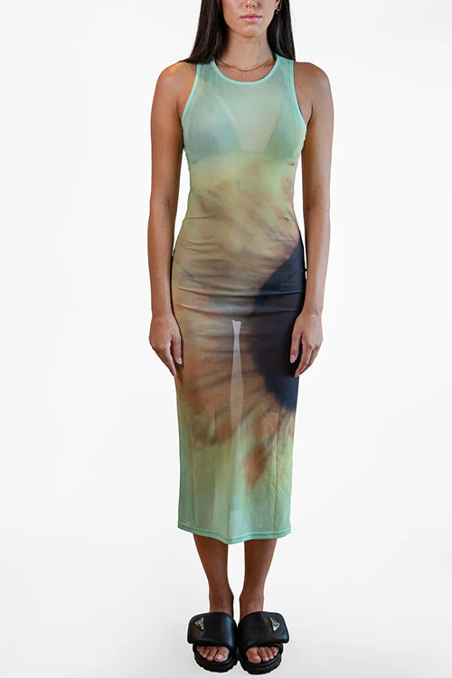 Sleeveless Gradient Tie Dye Bodycon Midi Dress