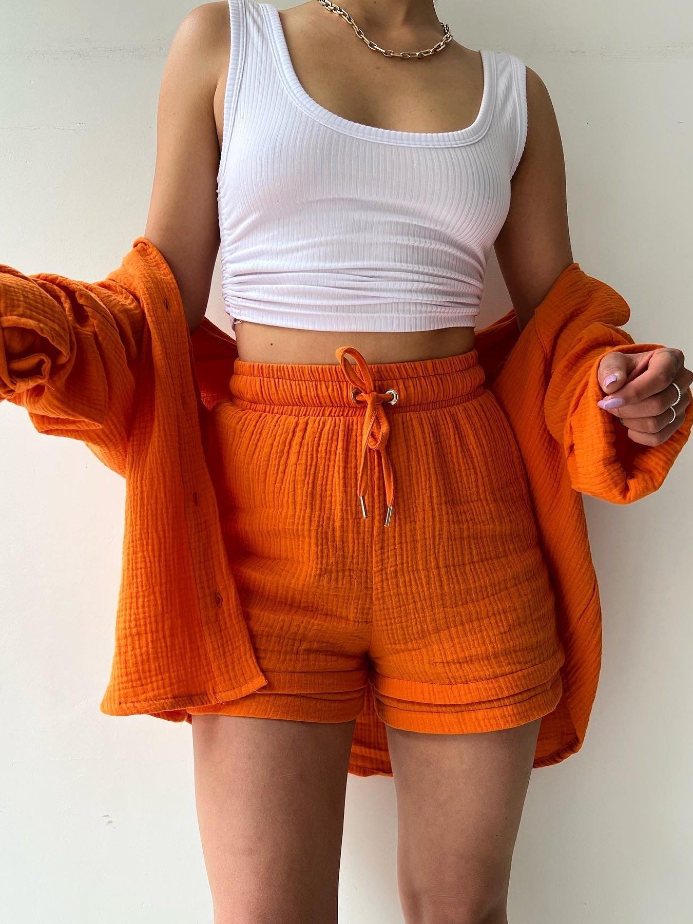 Long-sleeved Shirt And High-waisted Drawstring Shorts Casual Two-piece Set