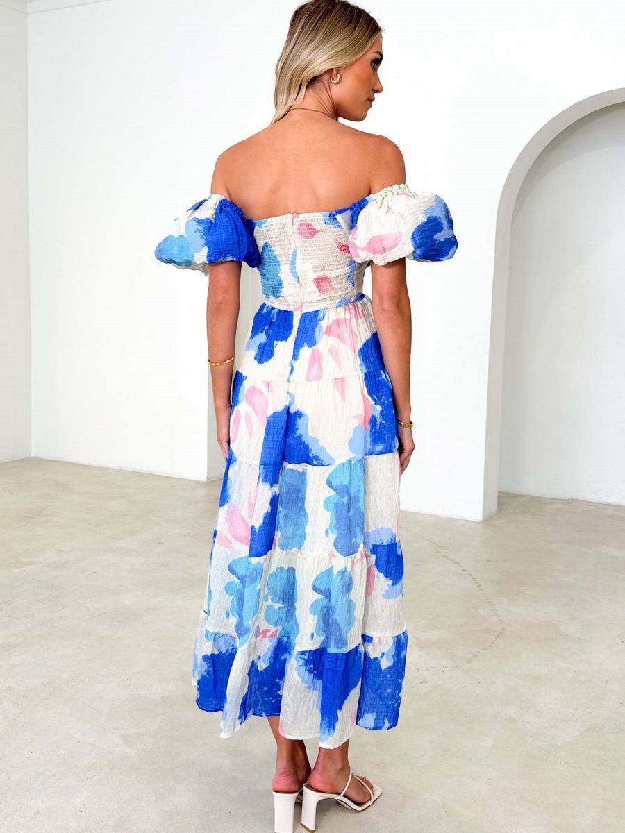 Printed Puff Sleeve Sweetheart Collar Vacation Maxi Dresses