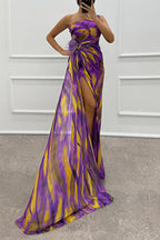 Strapless Rose Detail High Slit Printed Chiffon Maxi Dress