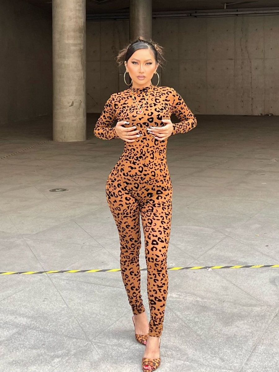 Leopard Print Flocked Sheer Slimming Effect Jumpsuits