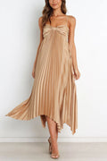 Spaghetti Strap Irregular Hem Pleated Swing Midi Dress