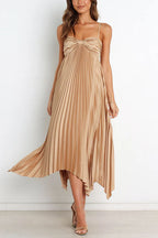 Spaghetti Strap Irregular Hem Pleated Swing Midi Dress