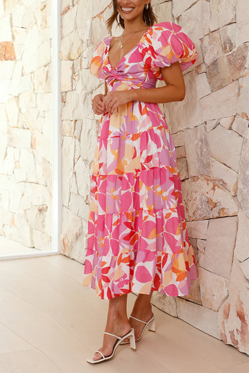 Twist Knot Cut Out Puffle Sleeves Printed Ruffle Maxi Dress