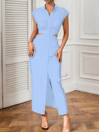 Backless Bare Waist Lapel Bodysuit With Slits Maxi Dresses