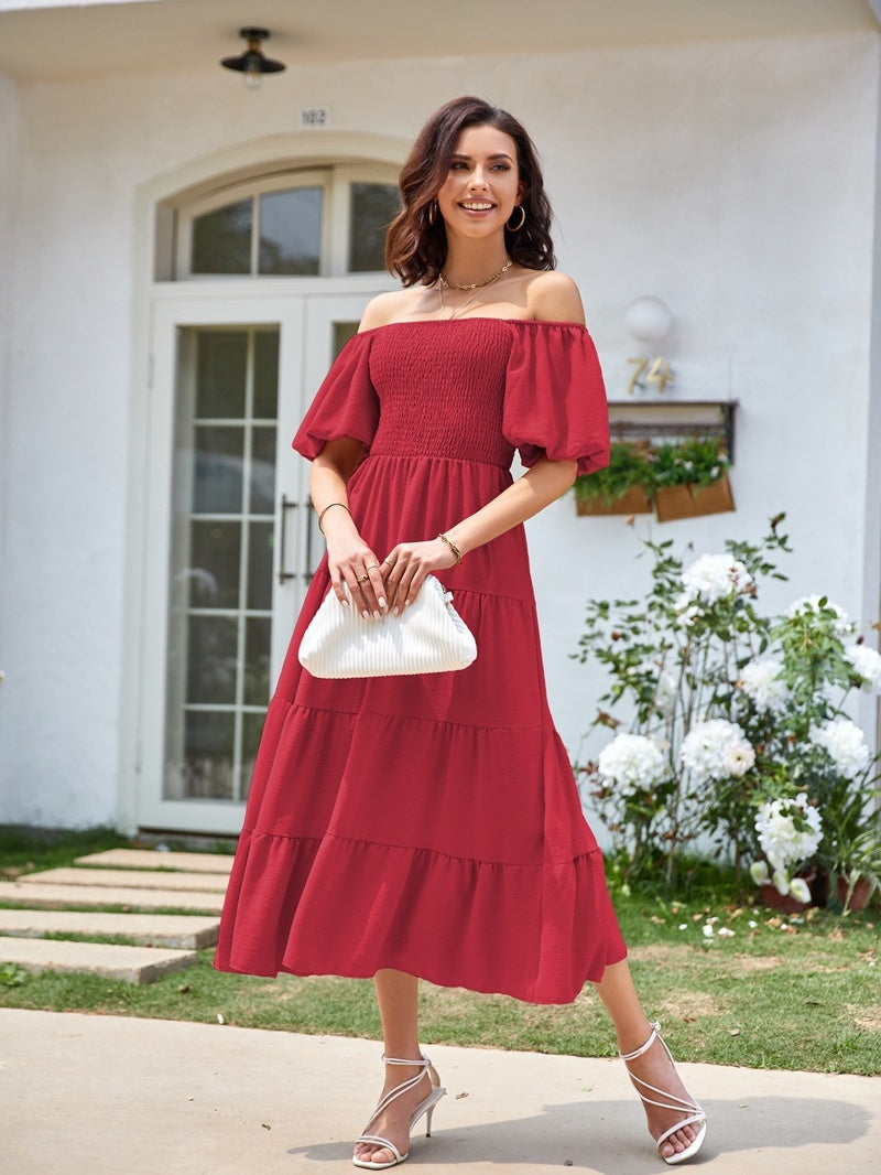 Square Neck, Backless, Puff Sleeve, Pleated Short-sleeved Long Dress