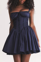 Sweetheart Lace Panel Smocked Side Corset Pleated Lace Hem Mini Dress