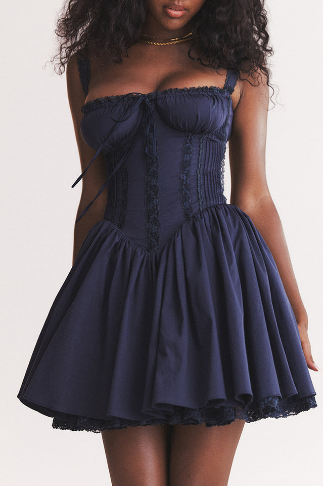 Sweetheart Lace Panel Smocked Side Corset Pleated Lace Hem Mini Dress
