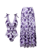 Blue And White Porcelain Print One-piece Slimming And Figure-flattering Long Swimsuit And Sun Protection Dress Two-piece Set