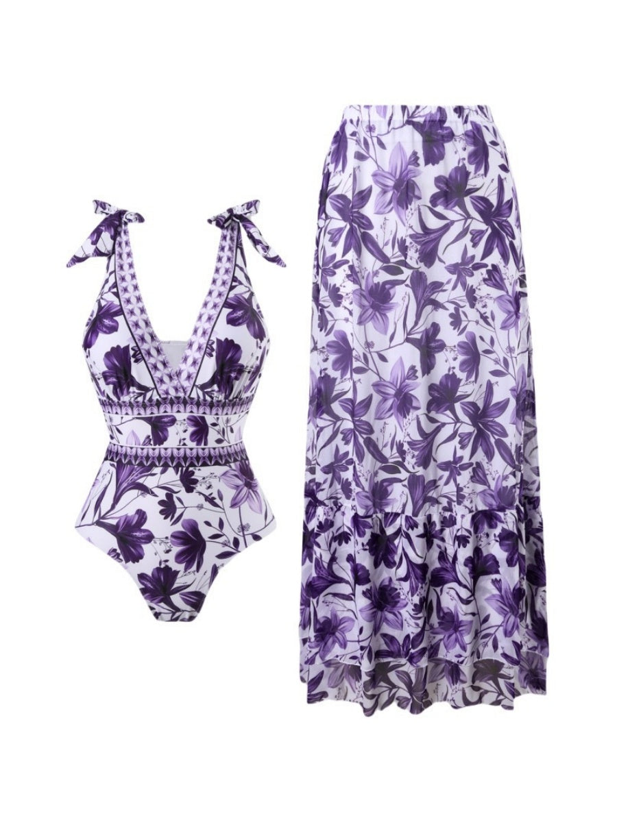 Blue And White Porcelain Print One-piece Slimming And Figure-flattering Long Swimsuit And Sun Protection Dress Two-piece Set