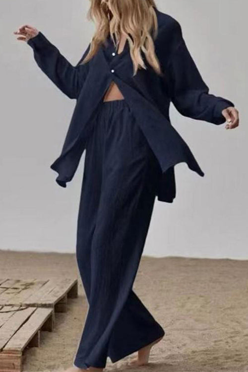 Long Sleeves Side Slit Blouse Shirt Elastic Waist Wide Leg Pants Set