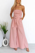 Ruched Strapless Tube Pocketed Wide Leg Jumpsuit