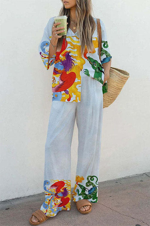 Unique Print 3/4 Sleeves Button Down Shirt Wide Leg Pants Holiday Set