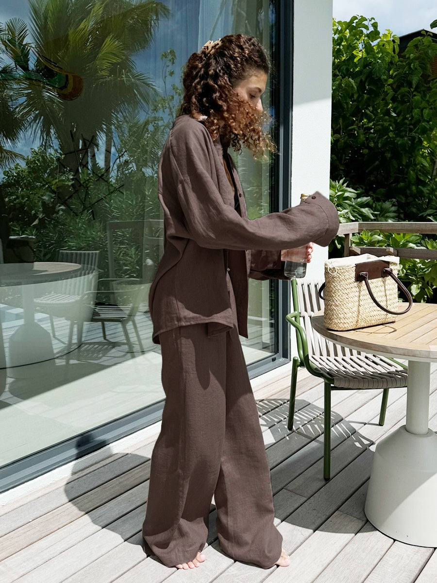 Loose-fitting Long-sleeved Shirt And Casual Trousers Two-piece Set