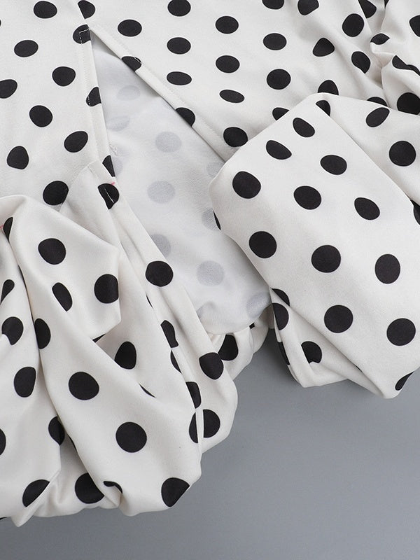 Polka Dot Fitted Ruched Skirt Midi Dress