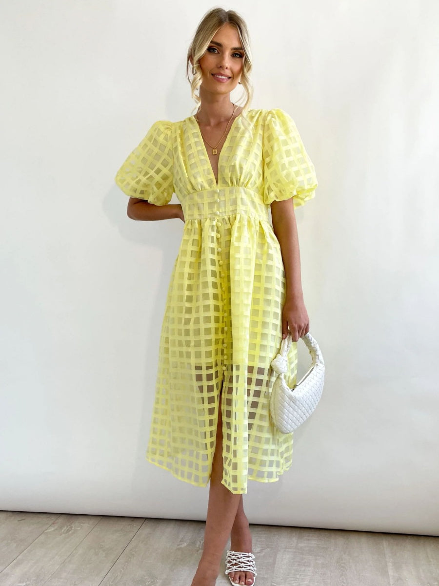 Balloon Sleeve Color Hollow Temperament Midi Dresses