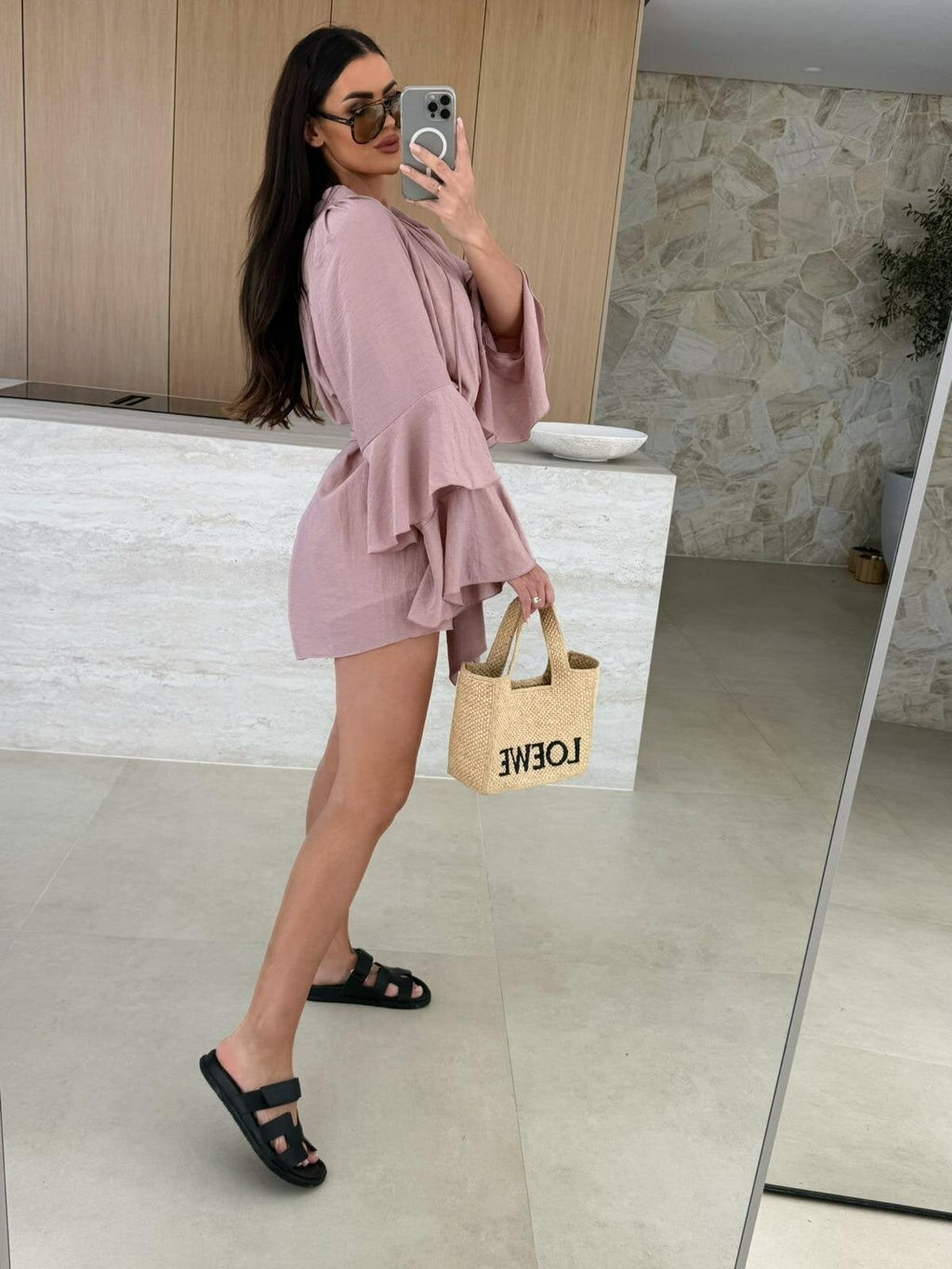 V-neck, Irregular Tie-waist, Long-sleeved, Loose-fitting Short Dress