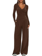 Long Sleeve V-neck T-shirt Loose-fit Wide-leg Pants Leisure 2-piece Sets