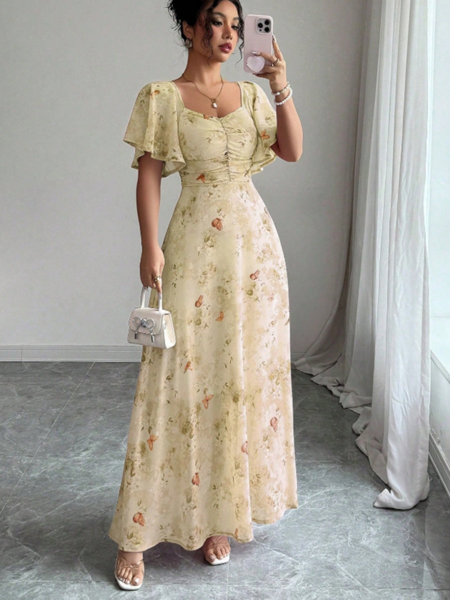 Floral Lotus Leaf Sleeves Sweetheart Collar Vacation And Leisure Maxi Dresses