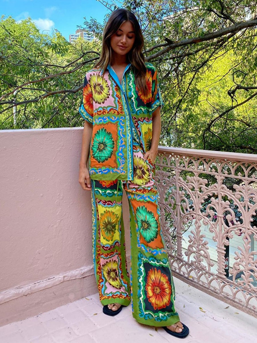 Printed Vacation Long-sleeved Shirt Pants Wide Leg Set 2-piece Sets