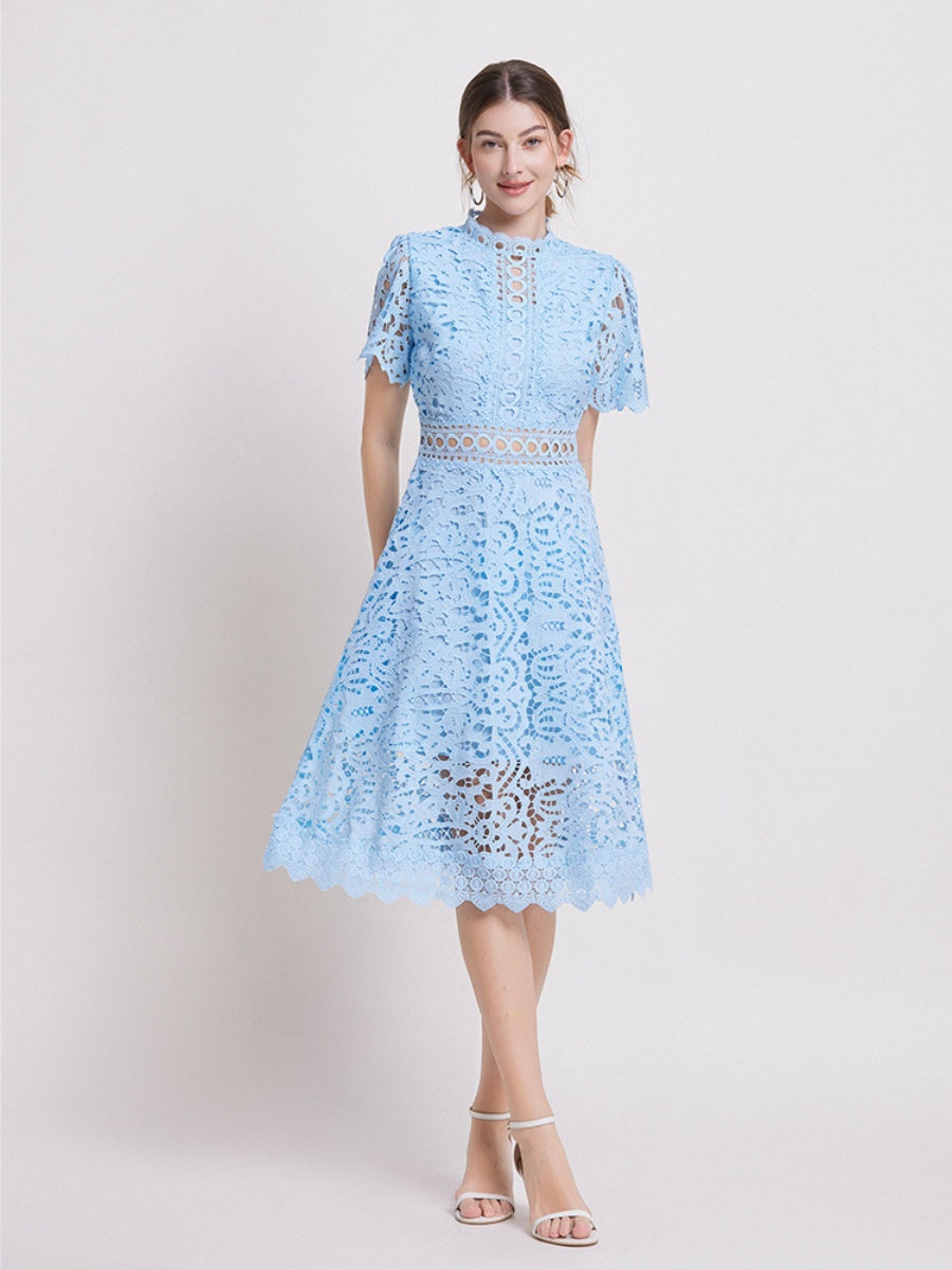 Lace Waist-cinching Hollow-out Midi Dress