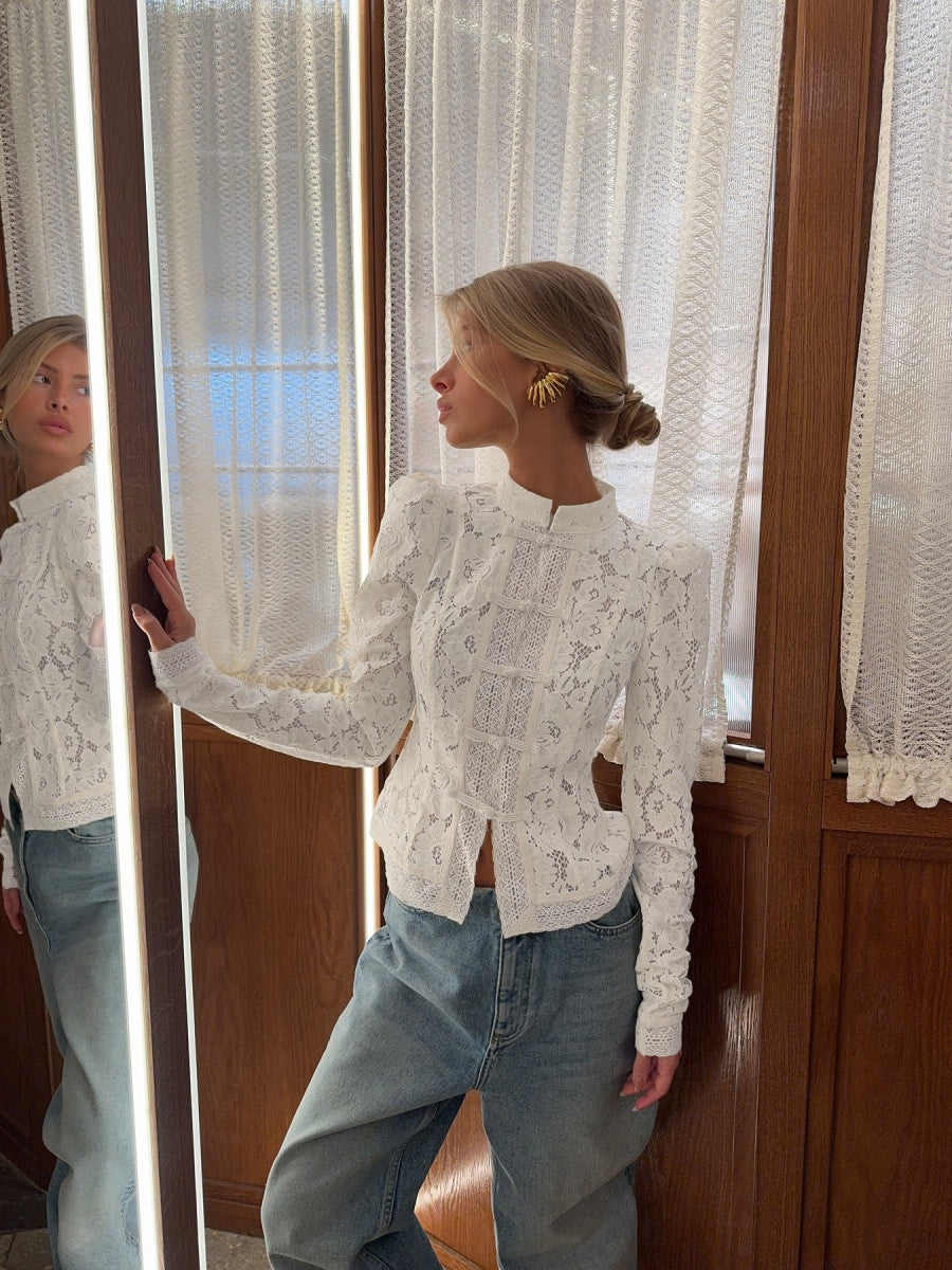 Lace Crochet Stand Collar Slim-fit Long Sleeve Sheer Top